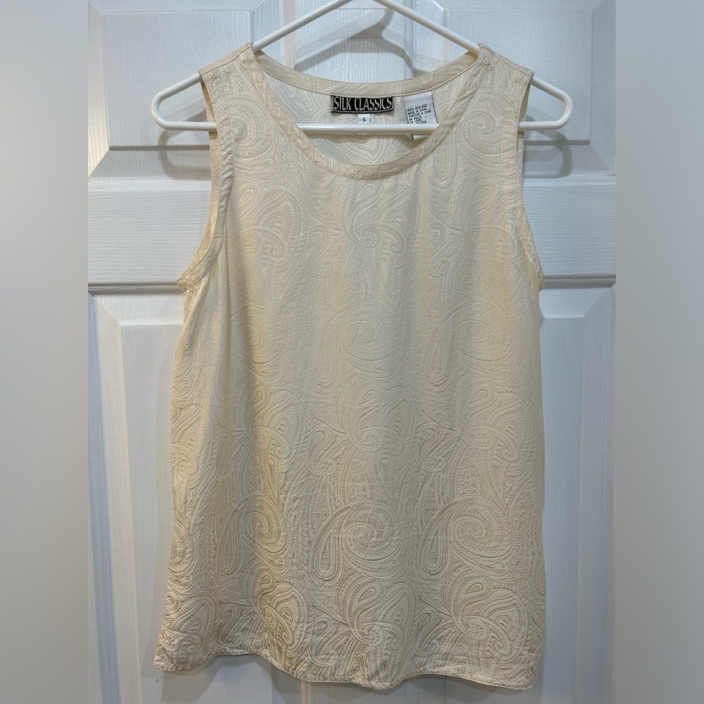 Women's 100% Silk Blouse Ivory Textured‎ Paisley Pattern Sleeveless Size Small